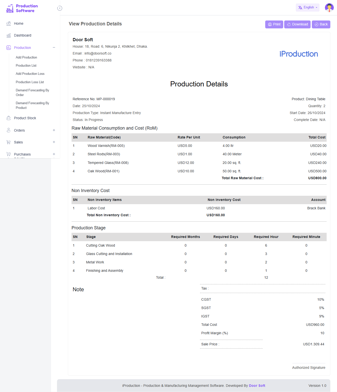 View Production Details